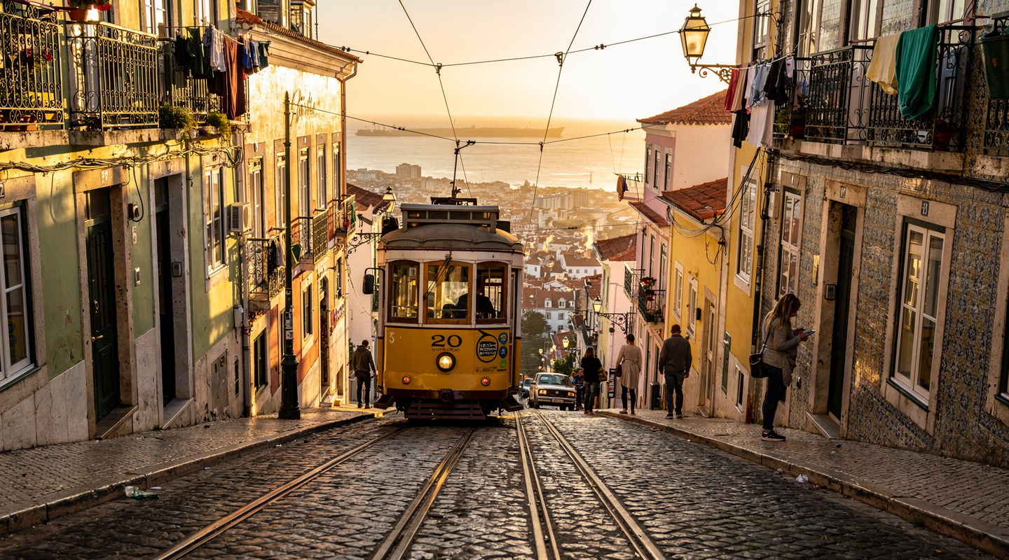 Tranvía amarillo en Alfama, Lisboa, Portugal — TourExperto